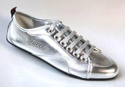 Pre-owned Gucci Sneakers Silver Leather Large Logo Athletic Shoes Very Comfortable