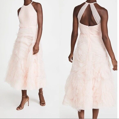 Pre-owned Marchesa Notte $995  Textured Tulle Halter Tea Length Dress Soft Pink Blush 6
