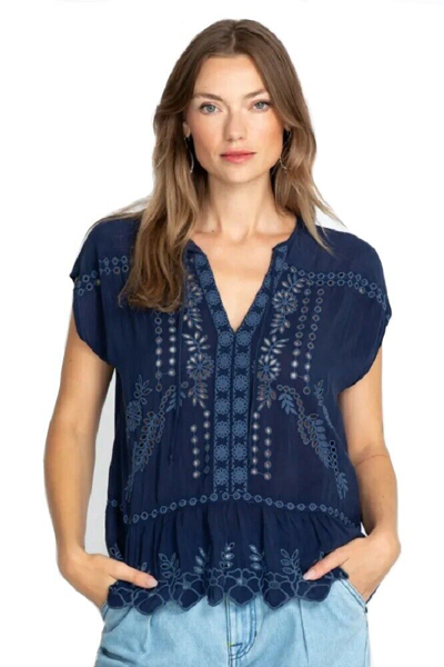 Pre-owned Johnny Was Clemence Blouse - C12122-5 In Blue Night