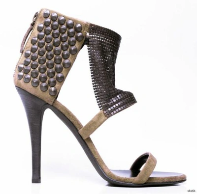 Pre-owned Balmain Giuseppe Zanotti For  Taupe Suede Studded Chain Mesh Shoes Hot $1195 In Brown