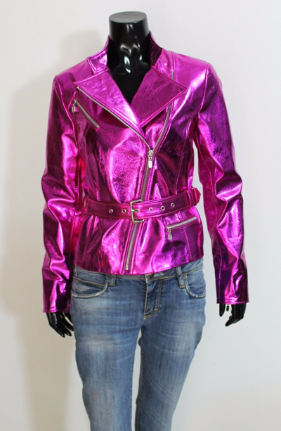 Pre-owned Handmade Italian  Women Lamb Genuine Leather Biker Jacket Metallic Hot Pink