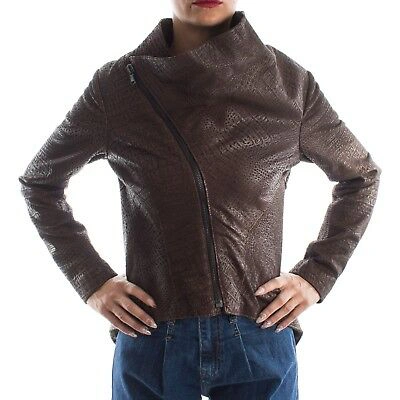 Pre-owned Handmade Women  Lambskin Leather Asymmetric Tail Jacket M Vtg Crocodile Brown