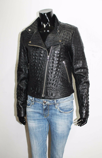Pre-owned Handmade Italian  Women Leather Biker Jacket Alligator Crocodile Black Xs