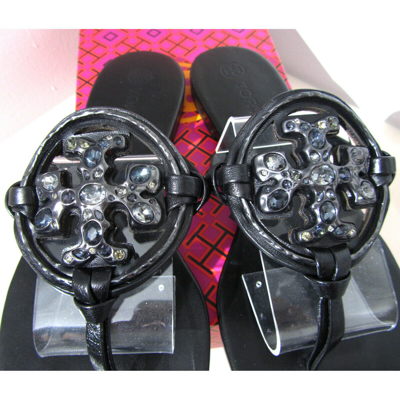 Pre-owned Tory Burch Metal Jeweled Miller Crystal Embellished Sandals Black Many Sizes