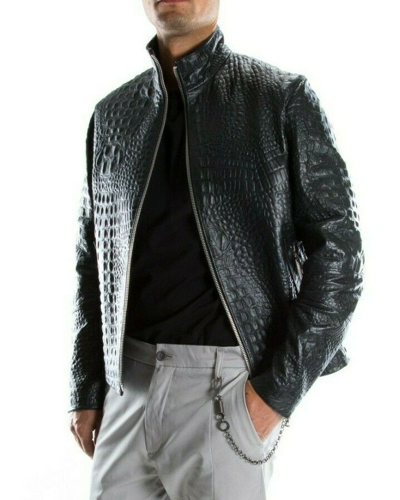 Italian handmade Men black Crocodile textured leather biker jacket