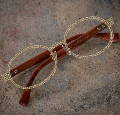 Pre-owned Tsv Jewelers Men's Wood Grain Designer Cz Yellow Gold Vintage Oval Clear Lens Glasses