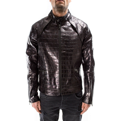 Pre-owned Handmade Crocodile Black Distressed Italian  Men Leather Slim Fit Jacket Xs / 2xl