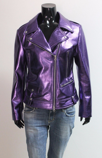 Pre-owned Handmade Italian  Women Lamb Genuine Leather Biker Jacket Metallic Purple