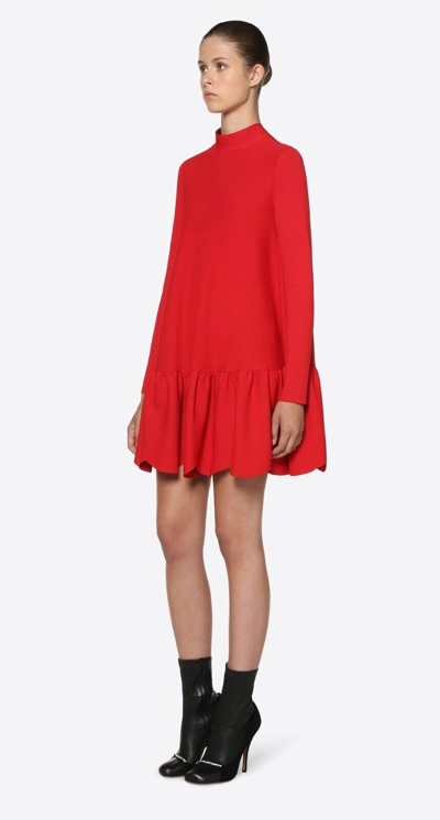 Pre-owned Valentino Scalloped Hem Stretch Jersey Mock Neck Long Sleeve Mini Dress $2980 In Red