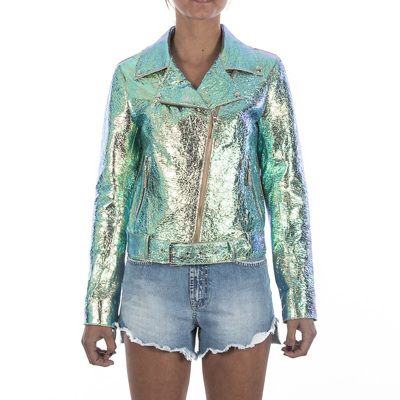 Pre-owned Handmade Italian  Women Genuine Lamb Leather Biker Jacket Holographic Green In Multicolor