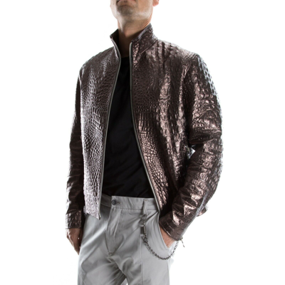 Pre-owned Handmade Bronze Crocodile Italian  Men Genuine Leather Slim Fit Jacket Xs To 2xl In Gold