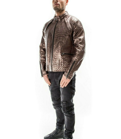 Pre-owned Handmade Bronze Crocodile Italian  Men Genuine Leather Slim Fit Jacket Xs To 2xl In Gold