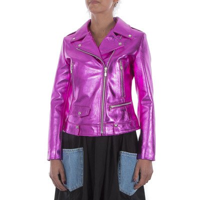Pre-owned Handmade Italian  Women Genuine Lamb Leather Biker Jacket Metallic Hot Pink