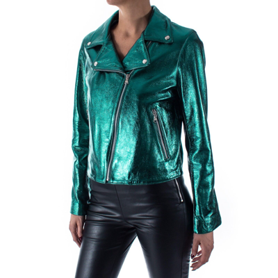 Pre-owned Handmade Italian  Women Genuine Lamb Leather Biker Jacket Metallic Teal