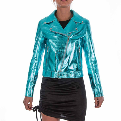 Pre-owned Handmade Italian  Women Genuine Lamb Leather Biker Jacket Metallic Turquoise Blue
