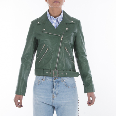 Pre-owned Handmade Italian  Women Soft Lamb Genuine Leather Biker Jacket Green
