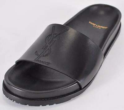 SAINT LAURENT- Jimmy YSL Logo Slides / ロゴ フラットサンダル Pre-owned Saint Laurent Ysl Men's Black Leather Jimmy Logo