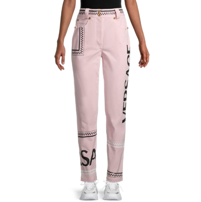 Pre-owned Versace Women's Pink High-rise Logo Graphic Denim Pants Sz 26