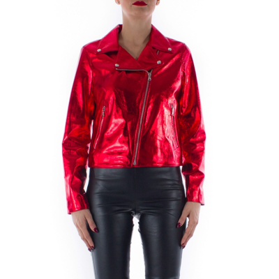 Pre-owned Handmade Italian  Women Genuine Lamb Leather Biker Jacket Metallic Red