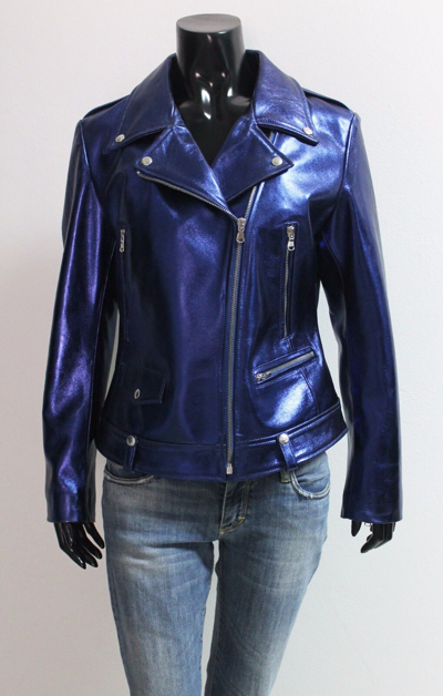 Pre-owned Handmade Italian  Women Lamb Genuine Leather Biker Jacket Metallic Blue