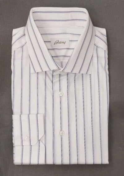 Pre-owned Brioni White Gray Striped Long Sleeve Button Front Shirt 17 Or 43 In White/blue