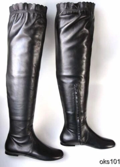 Pre-owned Marc By Marc Jacobs Marc Jacobs Black Leather Boots Tall Over-the-knee Ruffle On Top Flat In Box