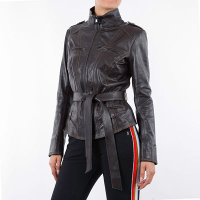 Pre-owned Handmade Italian  Women Genuine Lambskin Leather Belted Jacket Dark Brown