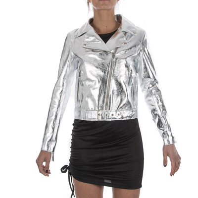 Pre-owned Handmade Italian  Women Genuine Lamb Leather Biker Jacket Metallic Silver