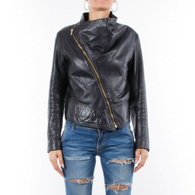 Pre-owned Handmade Italian  Women Genuine Lamb Leather Asymmetric Biker Jacket Black