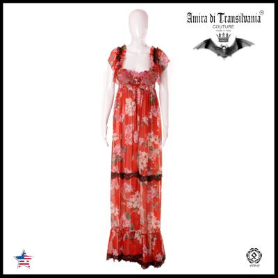 Pre-owned Amira Di Transilvania Women Clothing Summer Dress Haute Couture Red Flowers Embroidered Sequins Roses