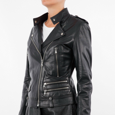 Pre-owned Handmade Italian  Women Slim Fit Lambskin Leather Fitted Biker Jacket Black