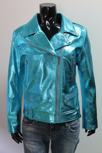 Pre-owned Handmade Italian  Women Lamb Genuine Leather Biker Jacket Metallic Blue Turquoise