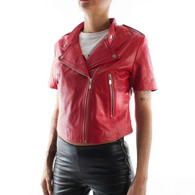 Pre-owned Handmade Italian  Women Genuine Lamb Leather Biker Jacket Red Short Sleeves