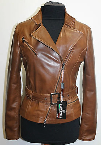 Pre-owned Handmade Italian  Women Leather Biker Jacket Slim Fit Brown Distressed S In Cuoio Brown