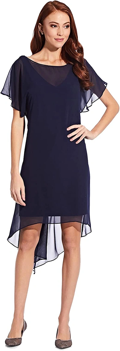 Pre-owned Adrianna Papell Women's Flutter Sleeve Chiffon Dress With High Low Hemline In Navy