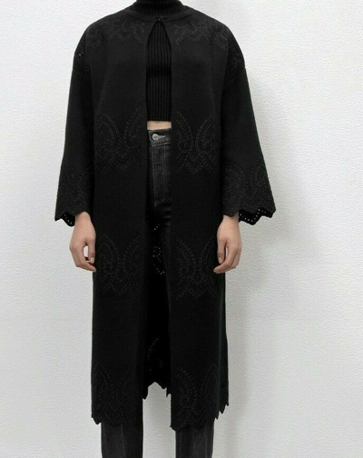 Pre-owned Zara Knitted Long Jacket/coat/sweater With Embroidery Details Size M/l In Black