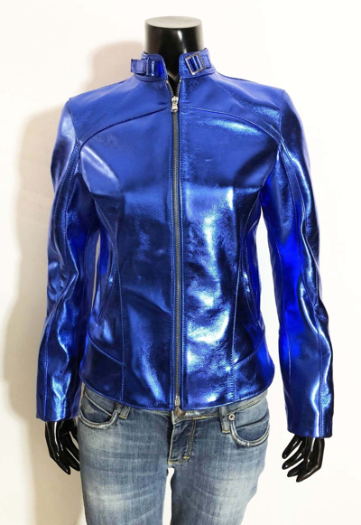 Pre-owned Handmade Italian  Women Genuine Lamb Leather Slim Fit Jacket Metallic Blue