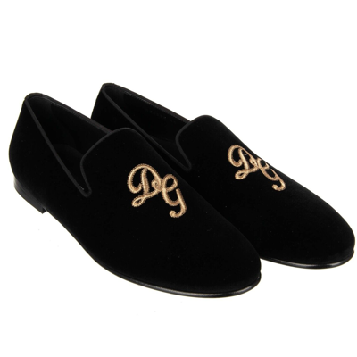 Pre-owned Dolce & Gabbana Velvet Loafer Shoes Amalfi With Logo Embroidery Black Gold 11048