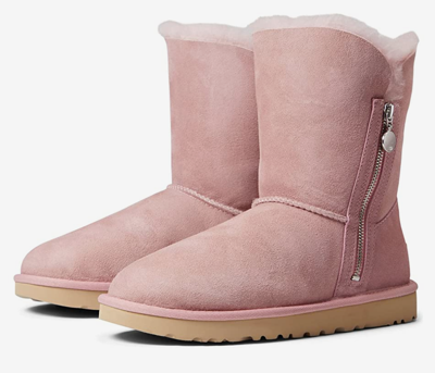 Pre-owned Ugg Bailey Flat Zip Short Boots Shell Pink Twinface Sheepskin Genuine Fur Sz 11