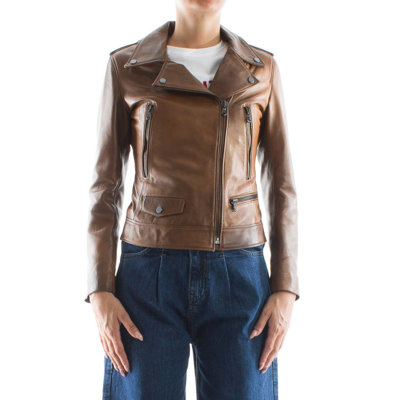 Pre-owned Handmade Italian  Women Lambskin Leather Biker Jacket Tan Brown Distressed