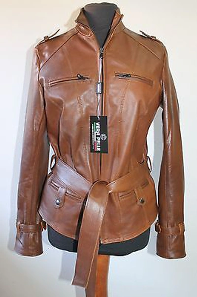Pre-owned Handmade Italian  Women Leather Slim Fit Belted Jacket Brown Distressed L