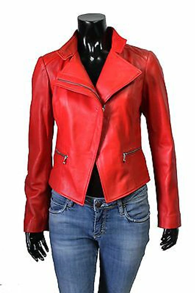 Pre-owned Handmade Italian  Women Lambskin Leather Jacket Slim Fit Asymmetric Red Size Xl