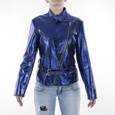 Pre-owned Handmade Italian  Women Genuine Lamb Leather Biker Jacket Metallic Blue