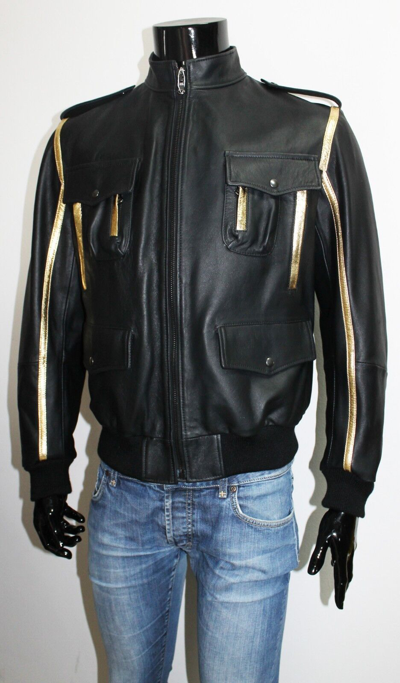 Pre-owned Handmade Italian Men Genuine Lamb Leather Bomber  Jacket Black & Gold S To 2xl