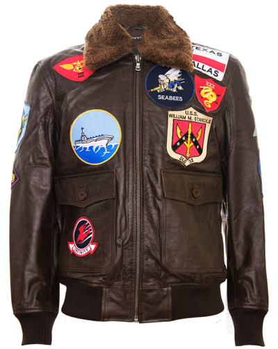 Pre-owned Infinity Men's Topgun Leather Jacket Tom Cruise Brown Sheepskin Collar Maverick A2 Bomber