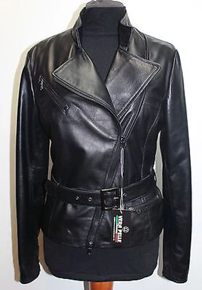 Pre-owned Handmade Italian  Women Lambskin Leather Chiodo Biker Jacket Slim Fit Black L