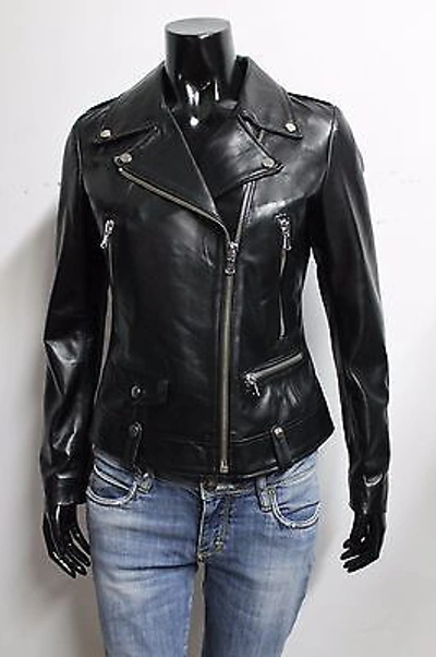 Pre-owned Handmade Italian  Women Lambskin Leather Moto Biker Jacket Slim Fit Black L