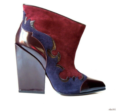 Pre-owned Sergio Rossi Burgundy Navy 38.5 Us 7.5 Western Wedge Ankle Boots - $1125