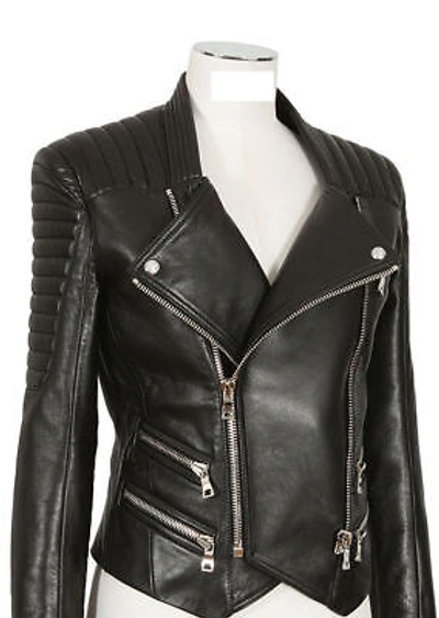 Pre-owned Asaavi Womens Black Leather Jacket Genuine Lambskin Motorcycle Zipper Biker Jacket -287