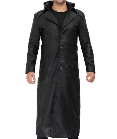 Pre-owned Zafy Leather Men's Black Long Trench Hooded Coat 100% Genuine Leather Classic Winter Coat